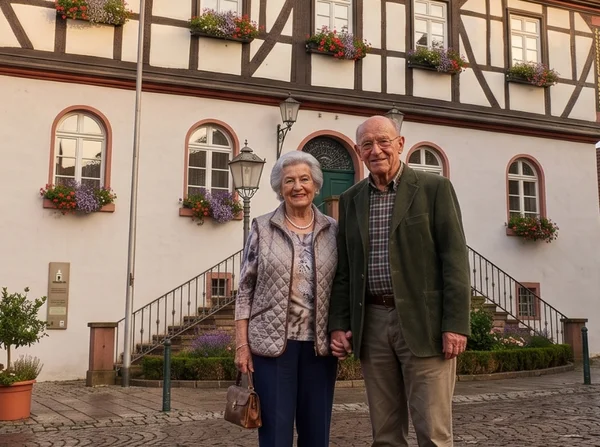 Ein älteres Ehepaar vor dem historischen Fachwerkaus des Alten Rathauses in Bad Vilbel